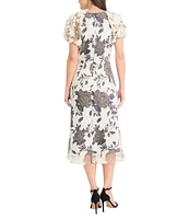 Maggy London Short Puffed Sleeve V-Neck Floral Print Fit And Flare Midi Dress