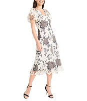 Maggy London Short Puffed Sleeve V-Neck Floral Print Fit And Flare Midi Dress