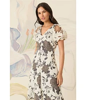 Maggy London Short Puffed Sleeve V-Neck Floral Print Fit And Flare Midi Dress