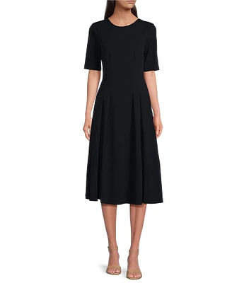 Maggy London Short Sleeve Crew Neck Double Pleat Stretch Crepe Midi A-Line Midi Dress