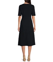 Maggy London Short Sleeve Crew Neck Double Pleat Stretch Crepe Midi A-Line Midi Dress