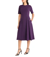 Maggy London Short Sleeve Crew Neck Double Pleat Stretch Crepe Midi A-Line Midi Dress