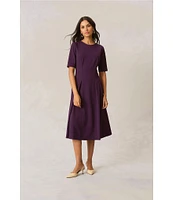 Maggy London Short Sleeve Crew Neck Double Pleat Stretch Crepe Midi A-Line Midi Dress