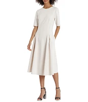 Maggy London Short Sleeve Crew Neck Double Pleat Stretch Crepe Midi A-Line Midi Dress