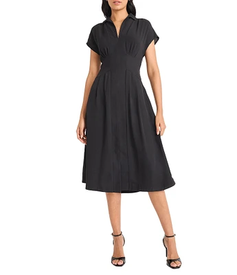 Maggy London Solid Drapery Twill Collared V-Neck Short Sleeves Pleated A-Line Midi Dress