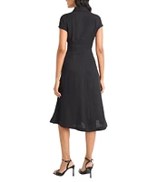 Maggy London Solid Drapery Twill Collared V-Neck Short Sleeves Pleated A-Line Midi Dress