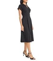 Maggy London Solid Drapery Twill Collared V-Neck Short Sleeves Pleated A-Line Midi Dress