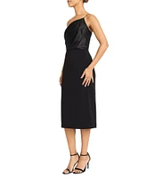 Maggy London Solid Scuba Crepe Asymmetrical One Shoulder Neck Sleeveless Sheath Midi Dress