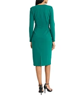 Maggy London Solid Scuba Crepe High Neck Long Sleeve Belted Wrap Sheath Dress