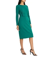 Maggy London Solid Scuba Crepe High Neck Long Sleeve Belted Wrap Sheath Dress