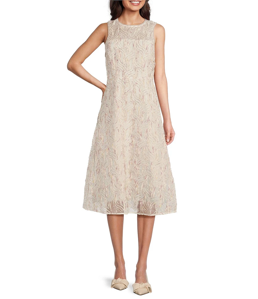 Maggy London Soutache Embroidered Organza Crew Neck Sleeveless A-Line Midi Dress
