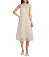 Maggy London Soutache Embroidered Organza Crew Neck Sleeveless A-Line Midi Dress