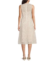 Maggy London Soutache Embroidered Organza Crew Neck Sleeveless A-Line Midi Dress