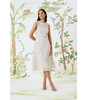 Maggy London Soutache Embroidered Organza Crew Neck Sleeveless A-Line Midi Dress