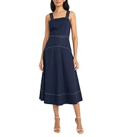 Maggy London Square Neck Sleeveless Topstitched Stretch Poplin A-Line Midi Dress