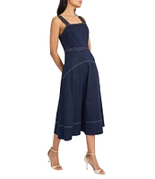 Maggy London Square Neck Sleeveless Topstitched Stretch Poplin A-Line Midi Dress