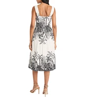 Maggy London Square Neck Sleeveless Tropical Print Fit And Flare Midi Dress