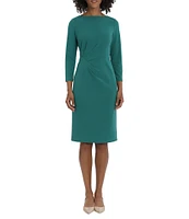 Maggy London Stretch Boat Neck 3/4 Sleeve Pleated Knot Waist Detailed Sheath Dress