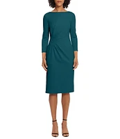 Maggy London Stretch Boat Neck 3/4 Sleeve Pleated Knot Waist Detailed Sheath Dress