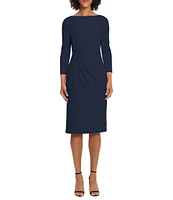 Maggy London Stretch Boat Neck 3/4 Sleeve Pleated Knot Waist Detailed Sheath Dress