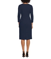 Maggy London Stretch Boat Neck 3/4 Sleeve Pleated Knot Waist Detailed Sheath Dress