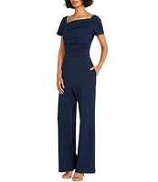 Maggy London Stretch Scuba Crepe Asymmetrical Square Neck Short Sleeve Jumpsuit