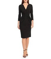 Maggy London Stretch V-Neck 3/4 Sleeve Belted Waist Ruched Sheath Dress