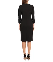 Maggy London Stretch V-Neck 3/4 Sleeve Belted Waist Ruched Sheath Dress