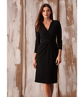 Maggy London Stretch V-Neck 3/4 Sleeve Belted Waist Ruched Sheath Dress