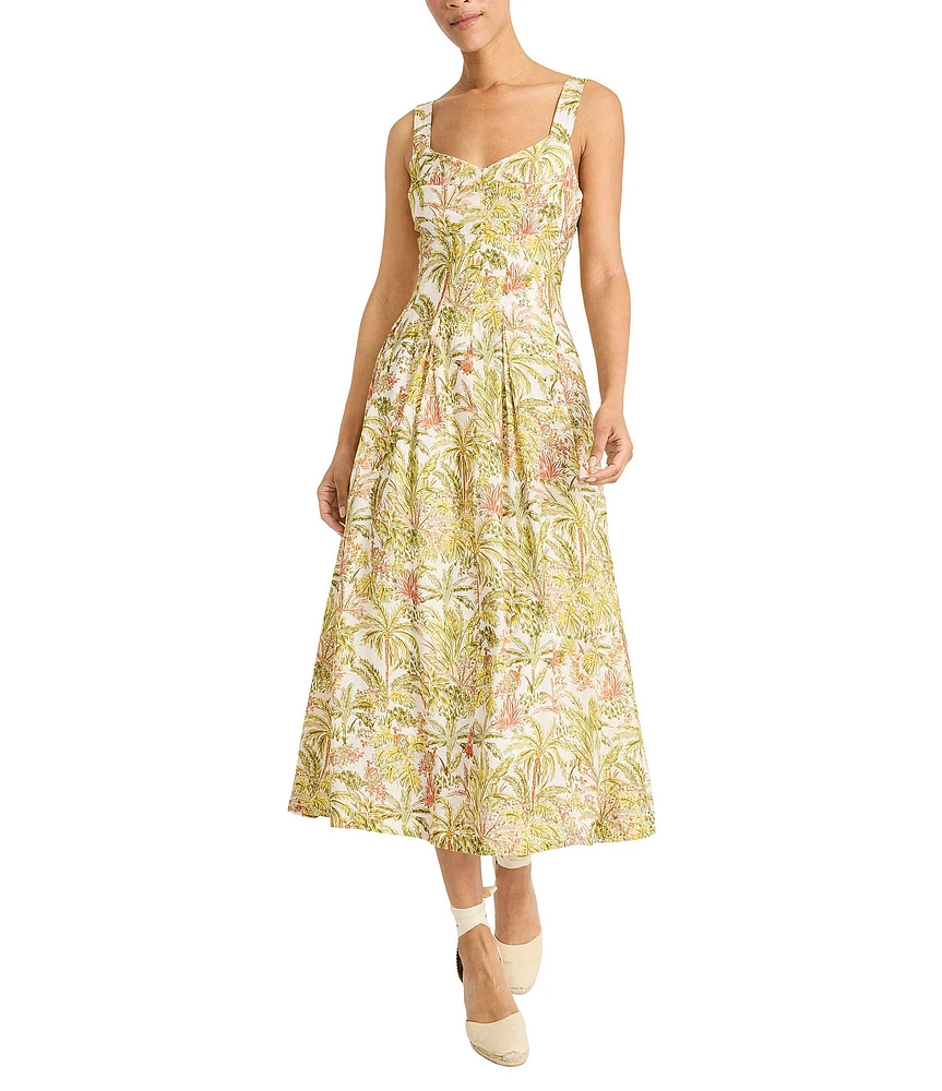 Maggy London Sweetheart Neck Sleeveless Tropical Printed Tricot Drop Waist Midi Dress