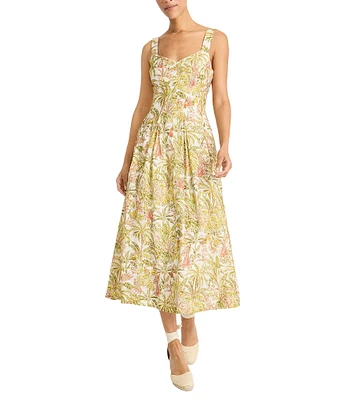 Maggy London Sweetheart Neck Sleeveless Tropical Printed Tricot Drop Waist Midi Dress
