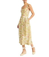 Maggy London Sweetheart Neck Sleeveless Tropical Printed Tricot Drop Waist Midi Dress