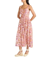 Maggy London Sweetheart Neck Sleeveless Tropical Printed Tricot Drop Waist Midi Dress