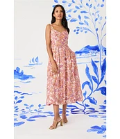 Maggy London Sweetheart Neck Sleeveless Tropical Printed Tricot Drop Waist Midi Dress