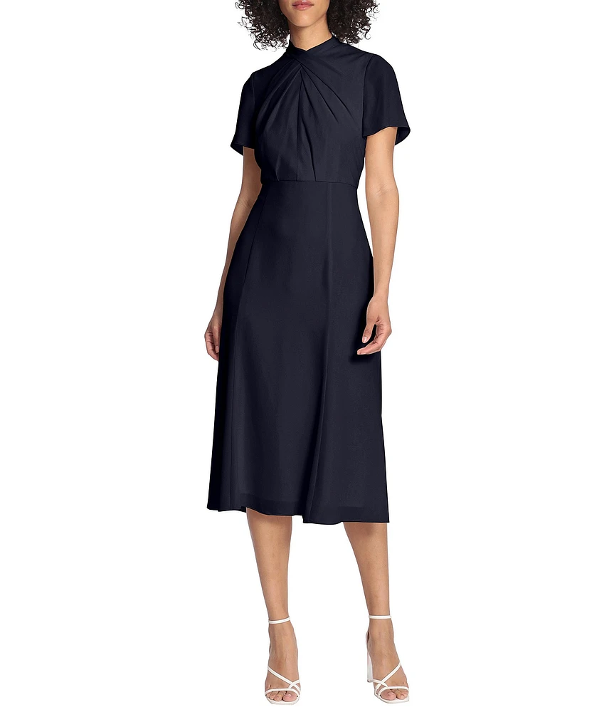 Maggy London Twist Mock Neck Short Sleeve Stretch Midi Dress