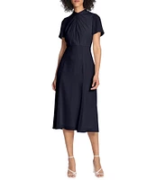 Maggy London Twist Mock Neck Short Sleeve Stretch Midi Dress