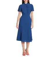 Maggy London Twist Mock Neck Short Sleeve Stretch Midi Dress