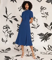 Maggy London Twist Mock Neck Short Sleeve Stretch Midi Dress