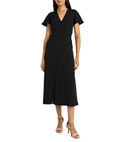 Maggy London V-Neck Flutter Sleeve Asymmetrical Lattice Scuba Crepe Midi Dress