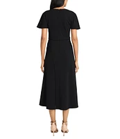 Maggy London V-Neck Flutter Sleeve Asymmetrical Lattice Scuba Crepe Midi Dress