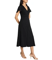 Maggy London V-Neck Flutter Sleeve Asymmetrical Lattice Scuba Crepe Midi Dress