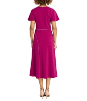 Maggy London V-Neck Flutter Sleeve Asymmetrical Lattice Scuba Crepe Midi Dress