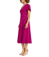 Maggy London V-Neck Flutter Sleeve Asymmetrical Lattice Scuba Crepe Midi Dress