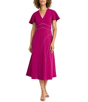 Maggy London V-Neck Flutter Sleeve Asymmetrical Lattice Scuba Crepe Midi Dress