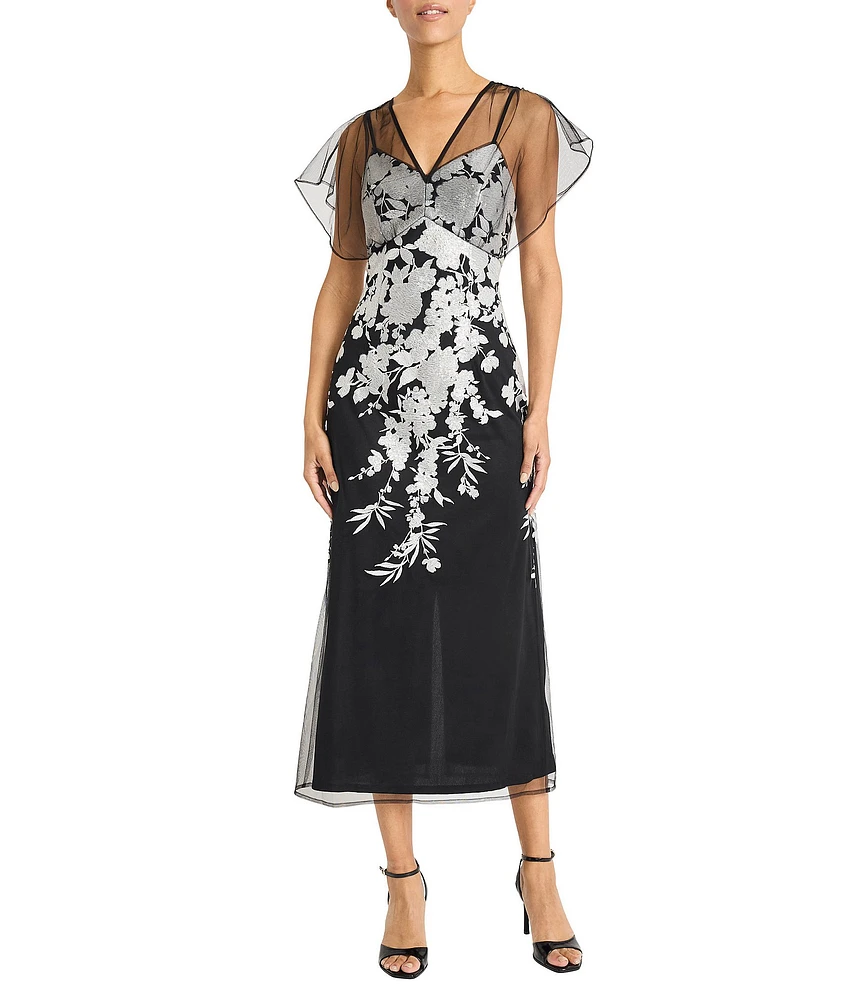 Maggy London V-neck Short Sleeve Floral Sequin Embellished Mesh Sheath Midi Dress