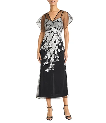 Maggy London V-neck Short Sleeve Floral Sequin Embellished Mesh Sheath Midi Dress