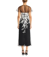 Maggy London V-neck Short Sleeve Floral Sequin Embellished Mesh Sheath Midi Dress
