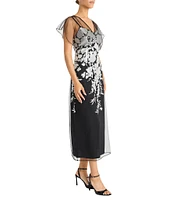Maggy London V-neck Short Sleeve Floral Sequin Embellished Mesh Sheath Midi Dress