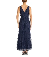 Maggy London V-neck Sleeveless 3D Floral Applique Embroidered Mesh Sheath Gown