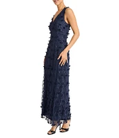 Maggy London V-neck Sleeveless 3D Floral Applique Embroidered Mesh Sheath Gown